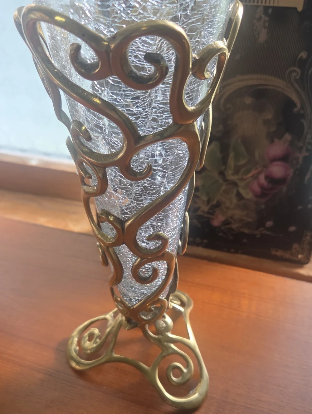 Vintsged 80s ,90s Decorative Crackle Glass Vase with Gold Metal Filigree